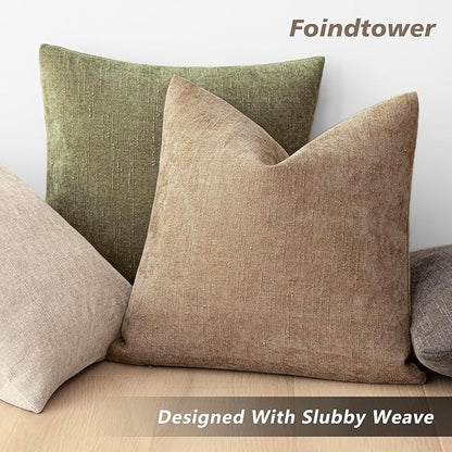 Foindtower Pack of 2 Soft Textured Chenille Throw Decorative Pillow Covers Square Accent Solid Cushion Cover Neutral Lumbar Pillow Case for Couch Sofa Bedroom Living Room 12x24 Inch,Taupe Khaki Camel