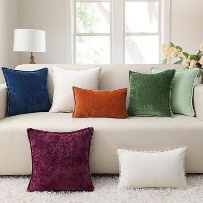 decorUhome Chenille Soft Throw Pillow Covers 18x18 Set of 2, Farmhouse Velvet Neutral Decorative Euro Pillow Covers with Stitched Edge for Couch Sofa Bed Home Decor, Neutral Gray