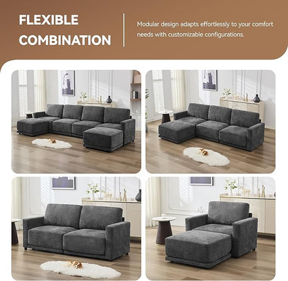 110.6" L-Shaped Modular Sectional Sofa Modern Chenille Comfy Couch with Thickened Seat Cushions, Easy Assembly, Upholstered 4 Seater Couch with Movable Ottoman for Living Room, Grey
