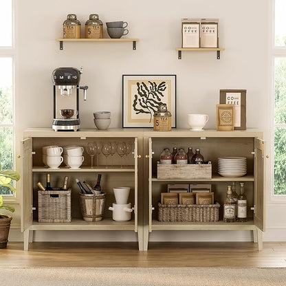 Sideboard Buffet Cabinets Set of 3 with Adjusable Shelves, Farmhouse Storage Cabinet, Credenza, Accent Cabinet, Kitchen Coffee Bar Console Table for Living Dining Room, Light Oak