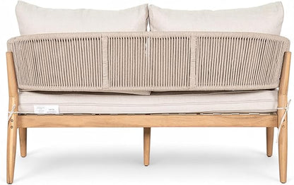Christopher Knight Home Katarina Patio Acacia Wood Loveseat Furniture, Outdoor Loveseat Sofa with Comfy Fabric Cushions, 2-Seater Sofa with Handwoven Rope Backrest for Garden, Light Brown+Beige