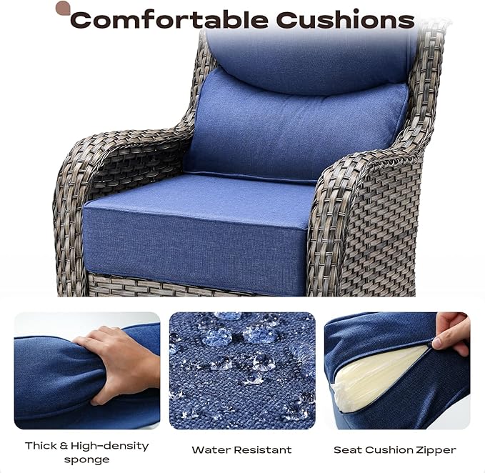 Rilyson Outdoor Patio Swivel Rocker Chairs Set of 2, Waterproof Wicker, High Back, Deep Seating, Wide Armrest, Upgraded 6 inch Thick Cushions, Side Table, Ideal for Deck Porch Yard, Mixed Grey-Blue