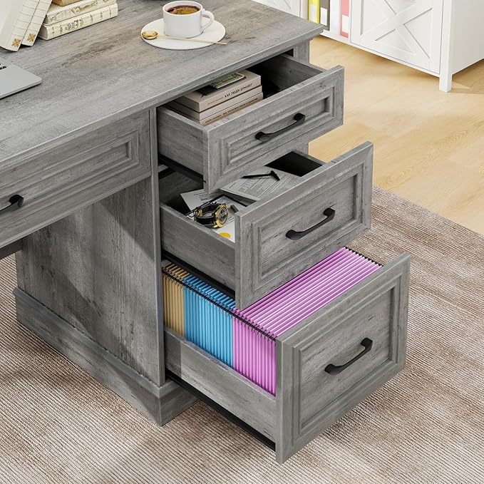 Vabches Farmhouse 47" Executive Desk, Computer Desk with Drawers and File Drawer, Workstation Computer Desk with Charging Station for Home Office,Study,Grey.