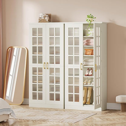 Tribesigns 70-Inch Tall Shoe Cabinet with Doors, 8-Tier Shoe Storage with Adjustable Shelves, Modern Shoe Organizer Shoe Rack Cabinet for Entryway, Hallway, Closet, Living Room, White and Gold