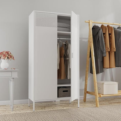 Metal Storage Cabinets Locker with Hanging Rod and Adjustable Shelves, 71'' Clothing Steel Storage Wardrobe for Home & Office, School, Employee,Gym(White, 71''H-Wardrobe)