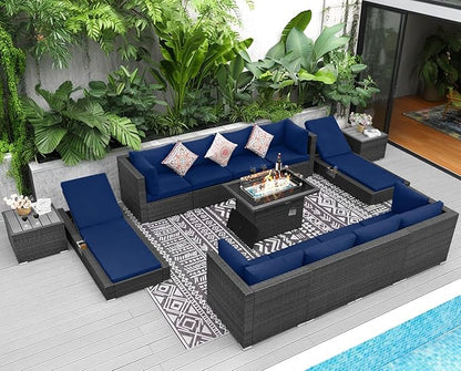 NICESOUL 13 Piece Outside Furniture with Firepit, Extra Large Outdoor Sofa Set with Lounges, Oversized Wicker Patio Sets with Long Fire Pits and Double Chaise, Big 10-Persons Seating Group, Gray&Navy