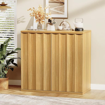 Fluted Sideboard Cabinet with Storage, 31.5" Coffee Bar Cabinet, Modern Kitchen Buffet Cabinets with Doors, Entryway Cabinets for Living Room, Kitchen, Coffee Bar, Natural