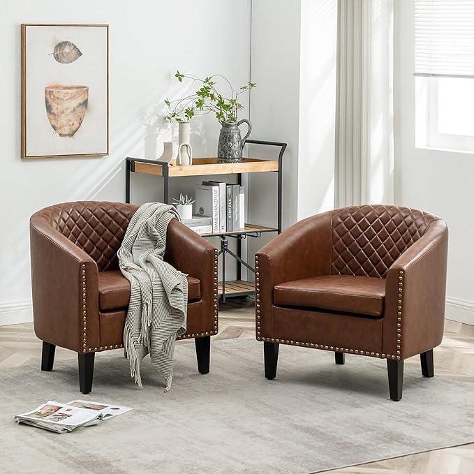 KINWELL 29" W Faux Leather Barrel Chairs Set of 2, Modern PU Upholstered Tufted Club Chairs with Nailhead Trim, Small Armchairs Accent Chairs for Living Room Bedroom Apartment Lounge Nursery, Brown