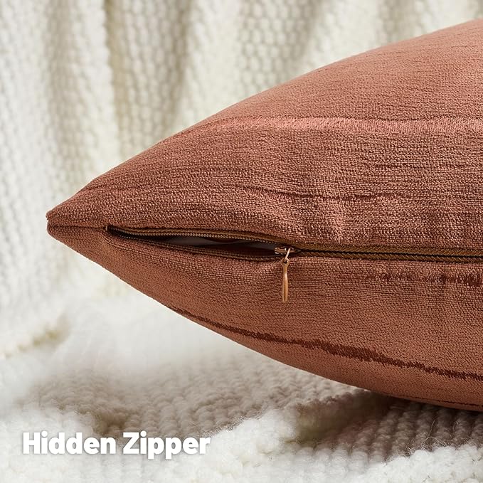 FUTEI Rust Chenille Decorative Throw Pillow Covers 16x16 Inch Set of 2,Soft Embossed Striped Textured Cushion Case,Modern Home Decor for Couch Bed Living Room
