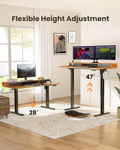ErGear Electric Standing Desk with Drawers, 55″ x 28″ Gaming Table Compatible Monitor Stand, Stand up Desks, Home Office Height-Adjustable Desk with Storage Shelf, 4 Preset Heights, Vintage Brown