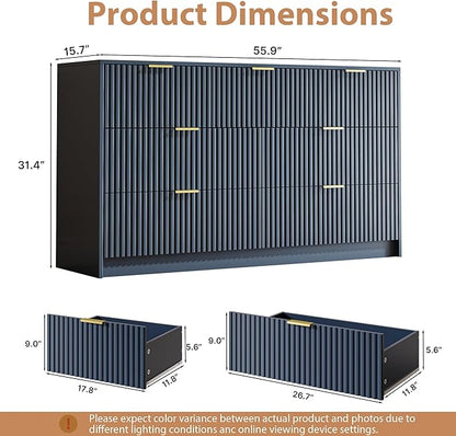 3-Piece Dresser Bedroom Set, 7 Drawer Dresser & 3 Drawer Nightstands with Gold Handles, Fluted Wood Chest of Drawers for Bedroom, Living Room, Entryway, Navy Blue