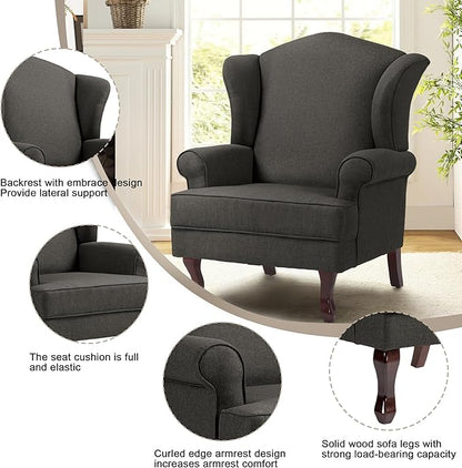 Pia Ricco Set of 2 High Back Accent Chairs: Upholstered Fabric Armchairs with Solid Wood Legs - Retro Living Room Pair, Comfy Reading Sofa Seats-Charcoal Grey
