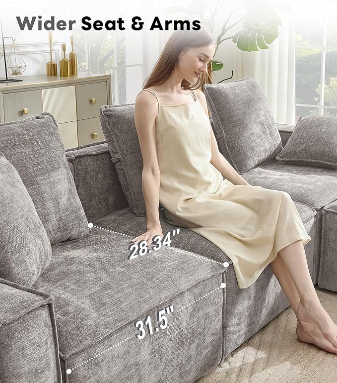 WILLOVE 141'' Modular Sectional Sofa, Chenille Cloud Couch with Wide Armrests & 6 Pillows, Deep Seat Couches for Living Room, Grey
