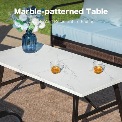 6 Piece Metal Outdoor Patio Furniture Set - 1 3-Seater & 2 Fixed & 2 Swivel Sofas with 5.75" Thick Cushion & Coffee Table - Black & Blue Backyard Furniture