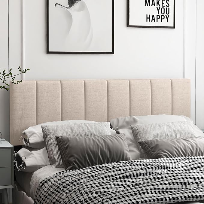 KOMFOTT Linen Upholstered Headboard for Full & Queen Size Bed, Vertical Channel Tufted Rectangular Headboard with Solid Wood Legs & Adjustable Width, Padded Bed Backboard, Easy Assembly, Beige