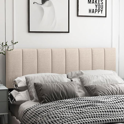 KOMFOTT Linen Upholstered Headboard for Full & Queen Size Bed, Vertical Channel Tufted Rectangular Headboard with Solid Wood Legs & Adjustable Width, Padded Bed Backboard, Easy Assembly, Beige