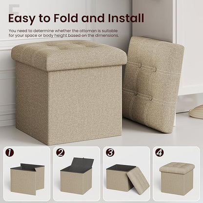 YOUDENOVA 15 inches Storage Ottoman Cube, Foldable Storage Boxes, Padded Seat for Dorm Living Room, Support 300lbs, Line Fabric Beige