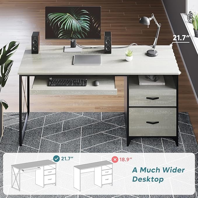 Bestier Office Desk with Drawers, 55 inch Industrial Computer Desk with Storage, Wood Teacher Desk with Keyboard Tray & File Drawer for Home Office, Wash White