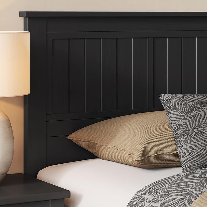 Serene Solid Wood Window-Pane Panel Headboard – Easy Assembly, Casual Coastal Style – King Size in Black
