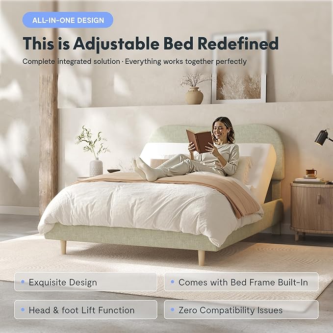 FLEXISPOT Queen All-in-One Adjustable Bed with Linen Upholstered Bed Frame, Soft Cloud Bed with Head & Foot Incline, Adjustable Headboard, Thick Foam Padding, 10-Year Warranty, Easy Assembly, Sage