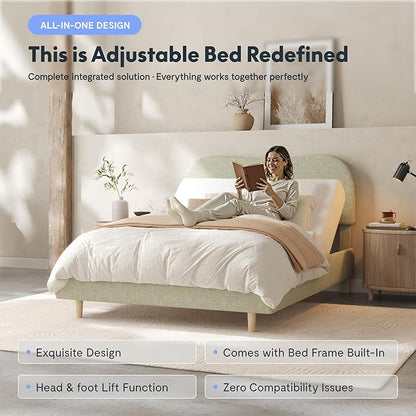 FLEXISPOT Queen All-in-One Adjustable Bed with 8" Gel Memory Foam Mattress, Linen Upholstered Bed Frame, Head & Foot Incline, Adjustable Headboard, 10-Year Warranty, Sage
