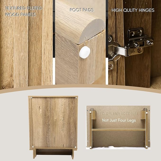 Natural Storage Cabinet Set, Freestanding Floor Cabinet 23.6” Farmhouse Sideboard with 2 Fluted Doors Wooden Buffet Cabinet Media Console Table Credenza for Living Room Dining Room Hallway, Singe