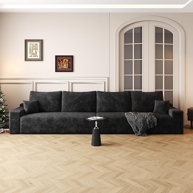 140.2" Cloud Modular Black Sofa, 4-Seater Upholstered Couches for Living Room, Modern Minimalist Deep Seat Boneless Couch, No Assembly Required, Plush Corduroy Fabric