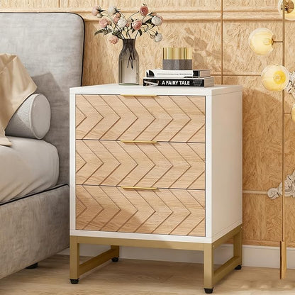 Tribesigns 3 Drawers Nightstand, 2Pcs Modern White and Gold Bedside Table with Metal Legs for Bedroom, Living Room, Apartment