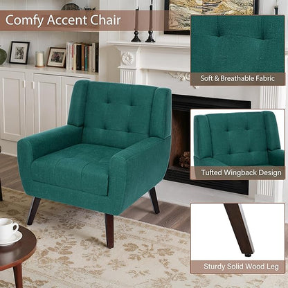 Accent Chairs Set of 2, Mid-Century Modern Upholstered Armchair, Comfy Fabric Living Room Chairs Reading Chairs with Button Tufted Back & Solid Wood Legs for Bedroom, Office, Light Blue