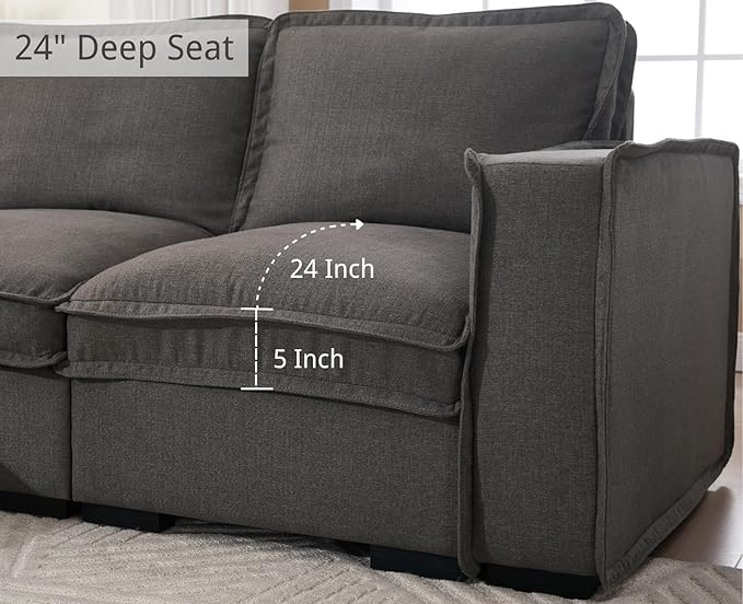 EALSON 119" Modular Sectional Sofa Modern Comfy 4-Seater Couch Sofa Linen Fabric Upholstered Cloud Couches with 24" Deep Seat and Wooden Legs for Bedroom/Living Room/Office, Grey