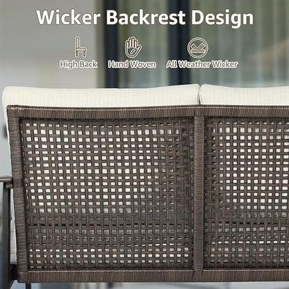 NATURAL EXPRESSIONS Patio Loveseat Sofa Outdoor Furniture Metal Chair with Wicker Backrest & 6 Inches Cushion for Indoor, Front Porch, Deck, Balcony, Backyard, 51.77"(L) x 29.75"(W) x 33.86"(H).