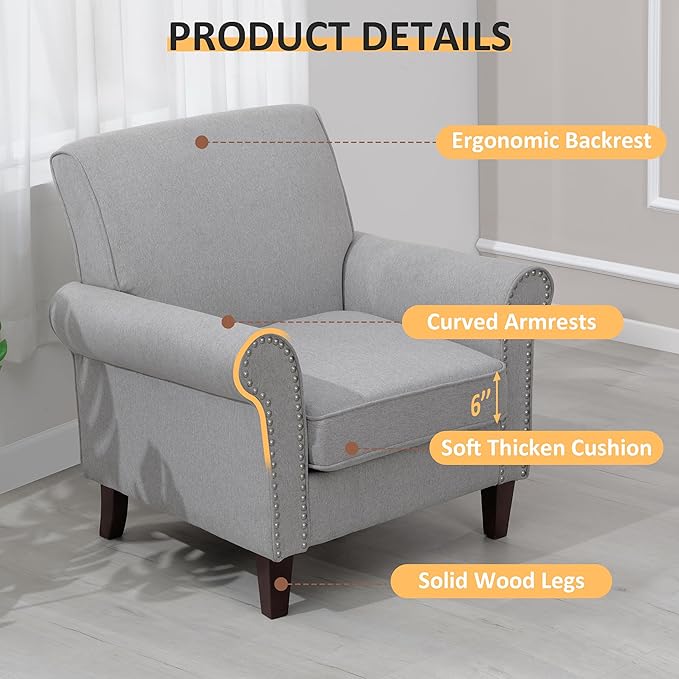 PrimeZone Comfy Accent Chair Set of 2, Mid-Century Modern Fabric Living Room Chair Reading Chair with Soft Cushion, Nailhead Trim & Rolled Armrest, Arm Chair Sofa Chair for Bedroom Waiting Room,Grey