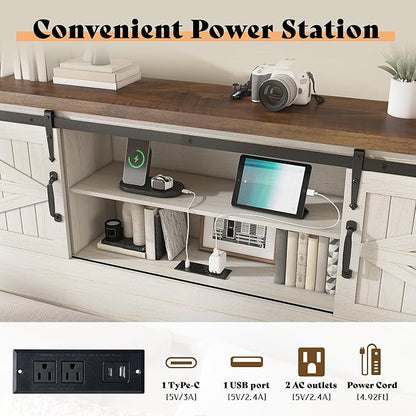 AMERLIFE Farmhouse King Bed Frame, Rustic Wood Platform Bed w/Barn Door Storage Bookcase Headboard & Charging Station, Bedroom Furniture, No Box Spring Needed, Antique White