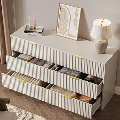 6 Drawer Dresser for Bedroom, 55" Wide Modern Chest of Drawers with Gold Metal Handles, Fluted Wood TV Stand for Living Room, Hallway(Beige)