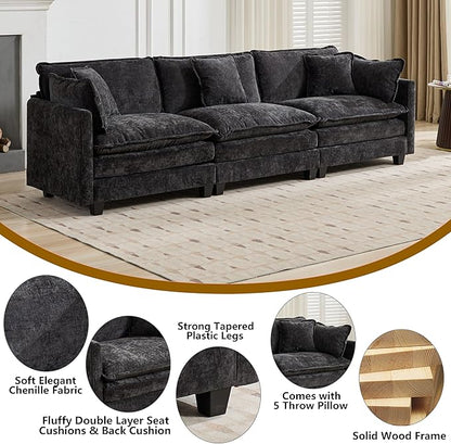 Aoowow Modular Sectional 3 Seater Cloud Sofa Couch for Living Room,113.8" Cloud Sofas with Deep Seat,Modern Chenille 3 Seat Sofas,Fluffy Cloud Couches for Bedroom,Apartment,Office (Black, 3 Seater)