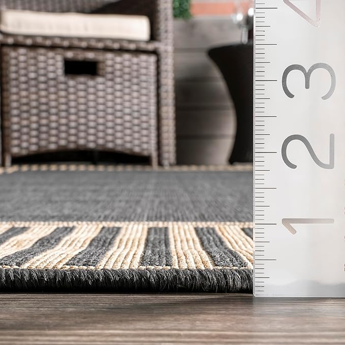 Nuloom Asha Dark Grey/Ivory, 6' 7" Round, Casual, Striped Border, Soft and Cozy, High Traffic, Stain Resistant, Easy Clean, Durable Area Rug for Indoor/Outdoor Patio, Deck, Porch, Garden, Courtyard