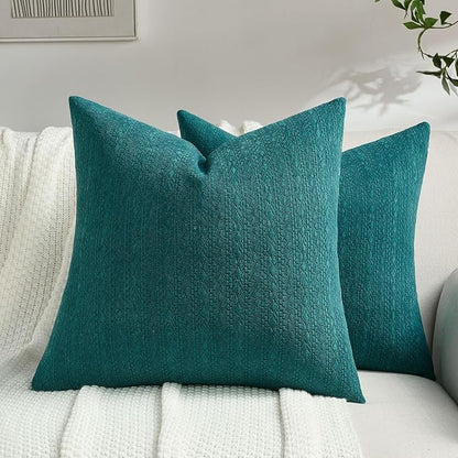 FUTEI Teal Chenille Throw Pillow Covers 18x18 Inch Set of 2,Soft Striped & Diamond Textured Cushion Cases,Modern Home Decor for Couch Living Room