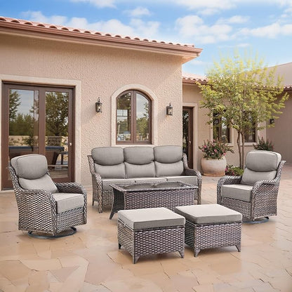 Swivel Patio Chairs sofa Set of 6 with 6" Thick Cushion - Wicker Outdoor Swivel Rocker Patio Chair ,Sofa/Glass coffee table, High Back Comfortable Outdoor Glider Chairs - Brown Wicker | Gery Cushions