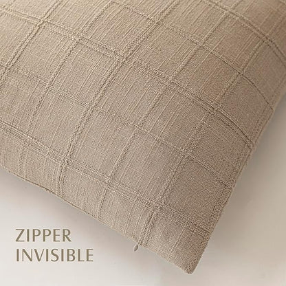 Foindtower Set of 2 Decorative Linen Check Throw Pillow Covers Neutral Farmhouse Lumbar Cushion Covers Modern Coastal Boho Home Decor for Sofa Chair Couch Bedroom Living Room,12×20 Inch,Camel