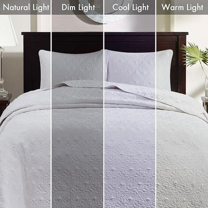 Madison Park Quebec Reversible Quilt Set Damask Design, Double Sided Stitching All Season, Lightweight Bedspread Bedding Set, Matching Sham, White, Full(96"x110") 3 Piece
