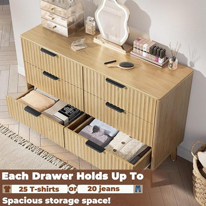 Modern 6 Drawer Dresser, Natural Oak, Fluted Wave Design, Rounded Corners, Mid Century Dresser TV Stand, 48" Wide Chest of Drawers for Bedroom and Living Room
