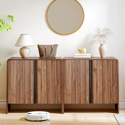 BERRYMERRY 2 Door Fluted Sideboard Buffet Cabinet with Storage, Modern Wood Cabinet with Adjustable Shelves for Living Room, Dining Room (Brown 6 Doors)