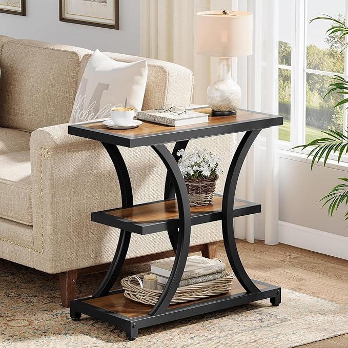 Tribesigns End Table with Storage, 3-Tier Side Table with Geometric Metal Design, Industrial Nightstand for Small Spaces, Living Room, Bedroom, Study Room (1, Rustic Brown)
