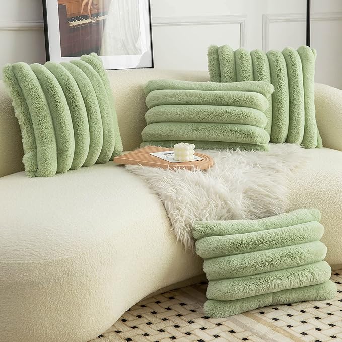 Neelvin Green Faux Fur Cozy Soft Striped Decorative Throw Pillow Covers 18x18 inch Set of 2,Velvet Pillowcase Cushion Case for Sofa Couch