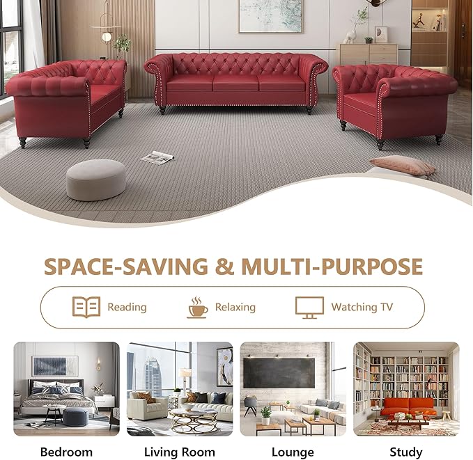 Home Sofa Living Room Furniture, 3 Seater Leather Upholstered Sofa Couch, Modern Comfy Couch with Faux Leather Cushions, Mid Century Tufted Chesterfield Sofas for Bedroom, Office, Apartment (Wine Red)