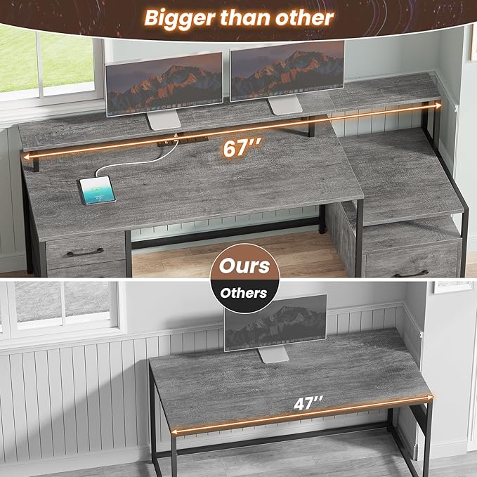 SEDETA Home Office Desk with File Drawer & Power Outlet, 66'' Computer Desk with 5 Drawer, Storage Shelves, Printer Cabinet and Monitor Shelf, Gaming Desk with Led Lights, Grey