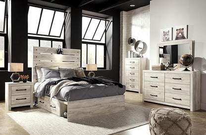 Signature Design by Ashley Cambeck Farmhouse Full Panel Platform Bed with 4 Storage Drawers, Sconce Light and USB Ports, Foundation or Box Spring Not Needed, Whitewash