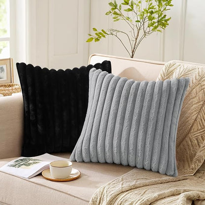 Pallene Faux Fur Plush Throw Pillow Covers 20x20 Set of 2, Luxury Soft Fluffy Striped Decorative Pillow Covers for Sofa, Couch, Living Room, Black