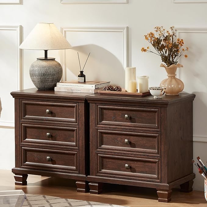 Farmhouse Bedroom Dresser and Nightstand Set of 4, 6 Drawer Low & 5 Drawers Dresser & 3 Drawer Nightstand Set with Wooden Legs, Rustic Wood Bedroom Furniture for Livingroom, Hallway, Walnut