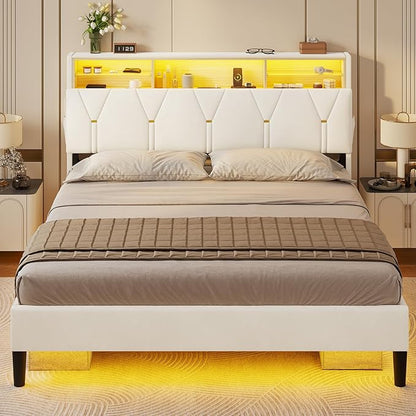 Queen Bed Frame with Storage Headboard and RGB LED Lights, Velet Upholstered Platform Bed Frame Queen Size with Type-C & USB Charging Station, Stable Easy Assembly,Creamy White